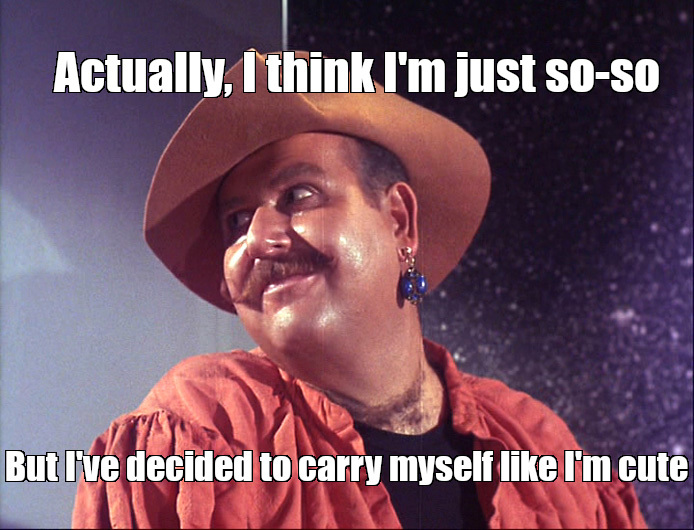Mudd meme a screenshot of Harry Mudd trying to be cute with the OFMD quote about carrying yourself like you're cute over it in meme font