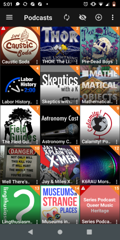 a podcast addict screenshot showing 15 podcasts, in order from 1-15 episodes left to listen to
