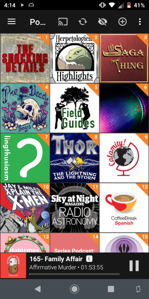 Podcast top screen a PodcastAddict screenshot showing 15 podcasts ordered by "number of remaining episodes". The numbers count up neatly from 1 to 15.