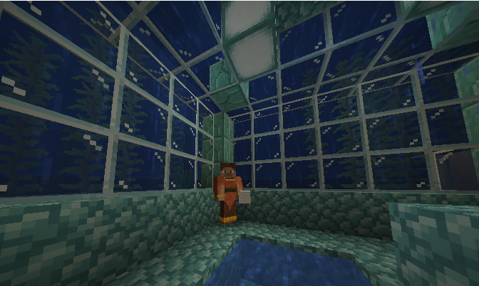 Spa A minecraft person in a glassed-in underwater room surrounded by kelp forest. The walls are prismarine and the floor is a seawater pool.